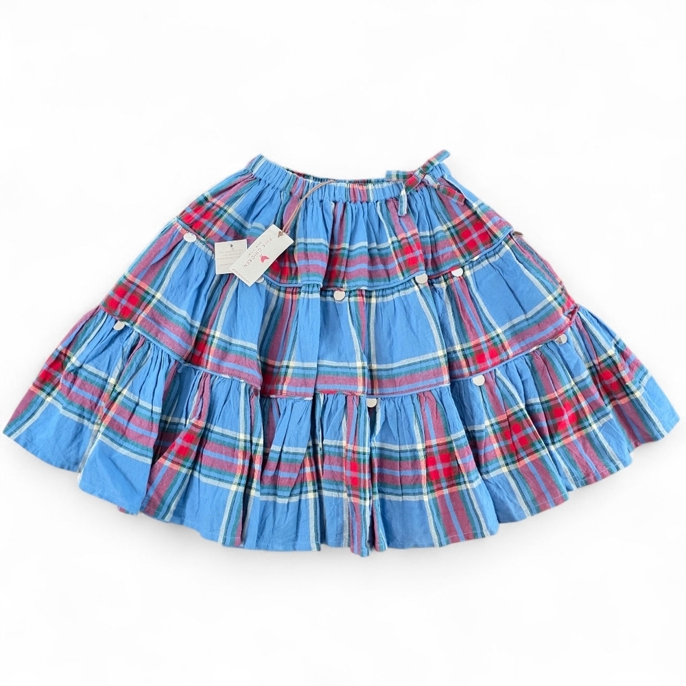 Pink Chicken Girls Plaid Cotton Skirt 12Y Blue Red Tiered Ruffle Sequins NWT